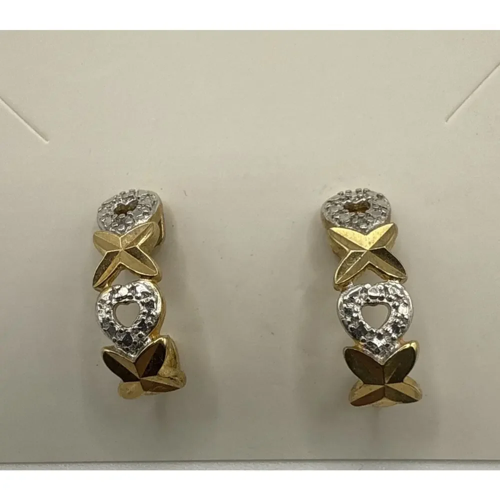 Gold Over Sterling Silver Earrings Diamond Accents Half Hoop XOXO‎ Pierced